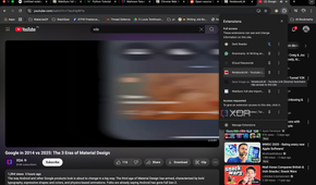 YouTube window displaying Google Chrome extensions I have installed