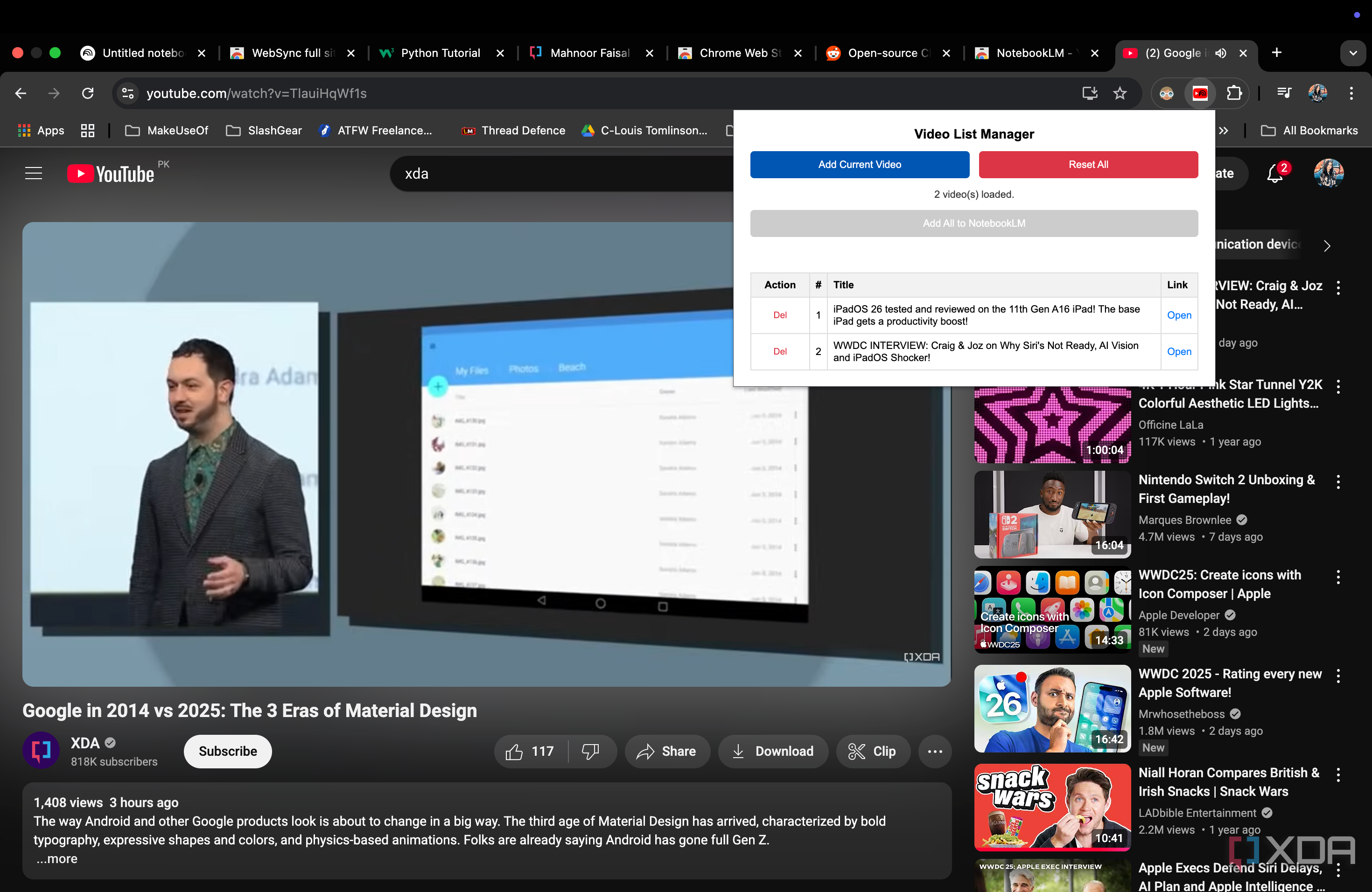 Using a Google Chrome extension to import YouTube videos to notebooks
