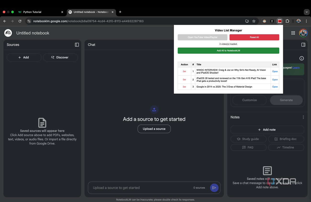 importing the YT videos to NotebookLM