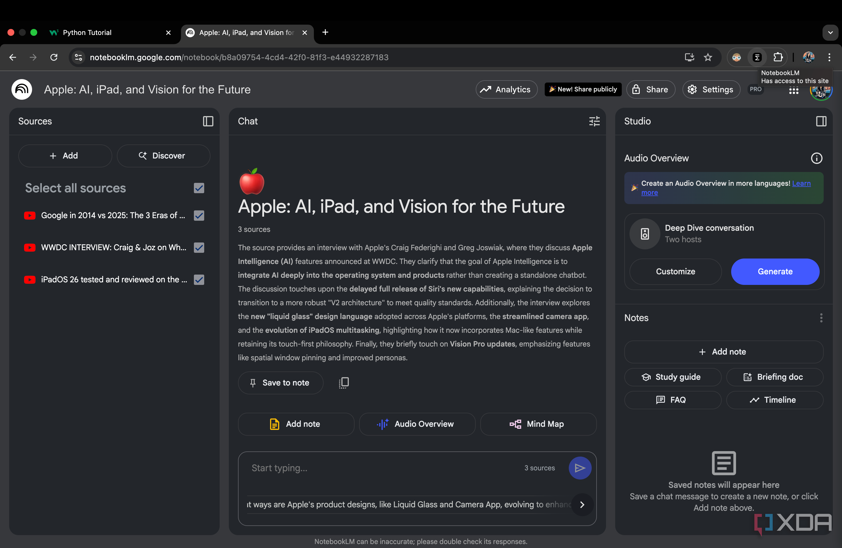 NotebookLM notebook with YouTube links as sources