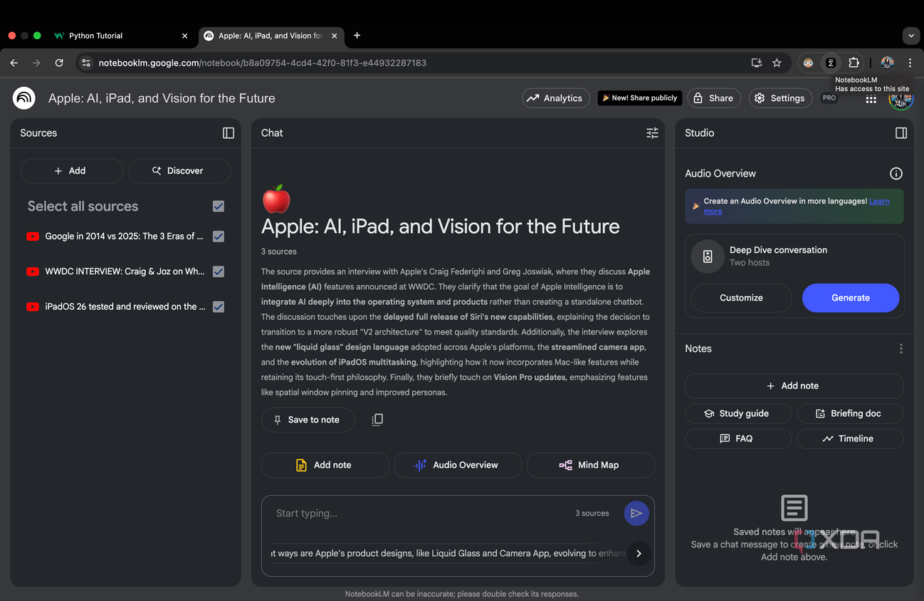 NotebookLM notebook with YouTube links as sources