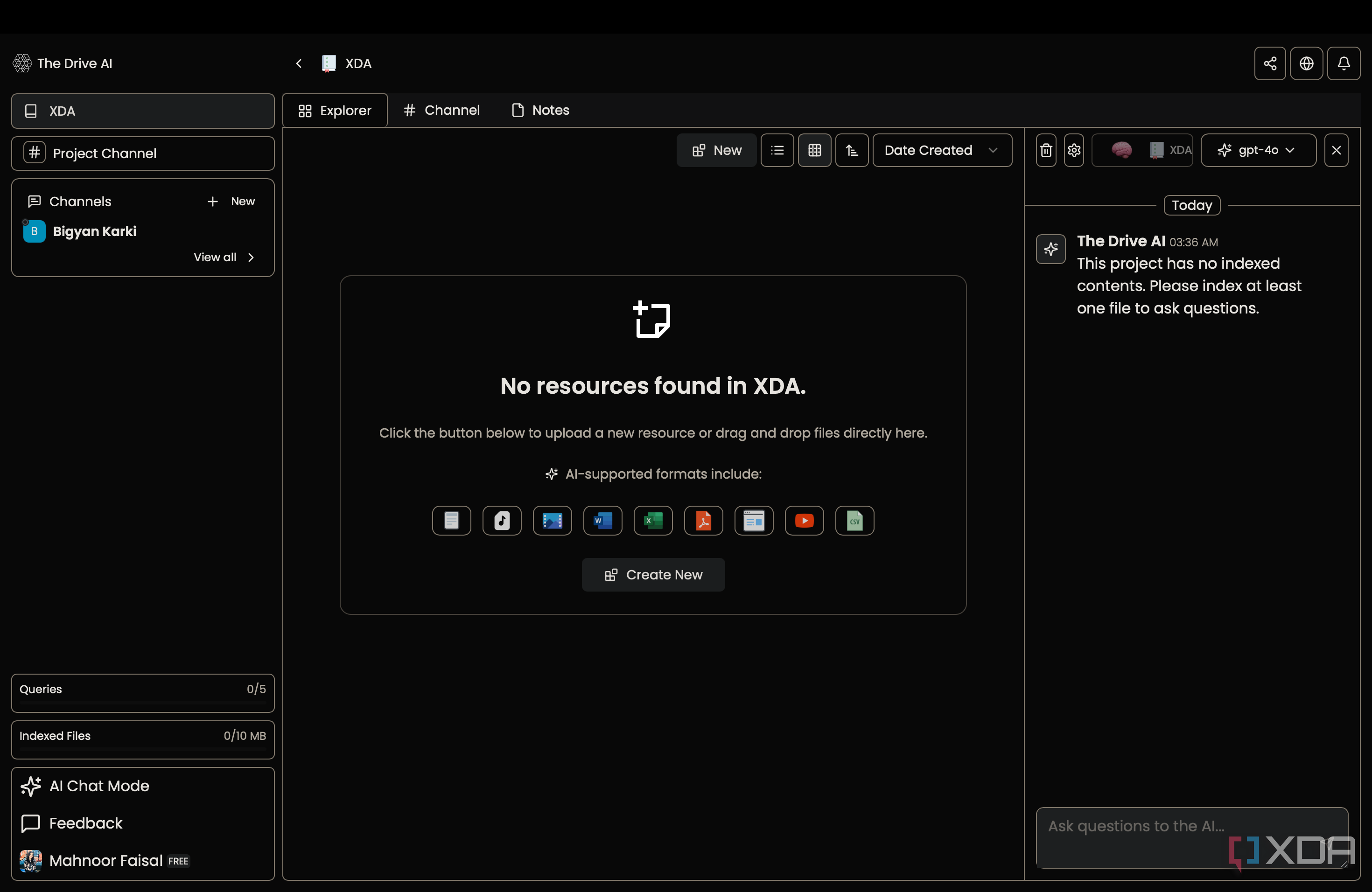 The Drive AI displaying a new project called XDA 