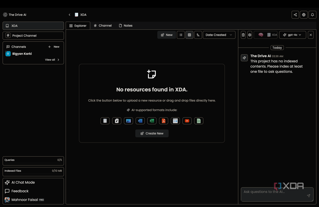 The Drive AI displaying a new project called XDA