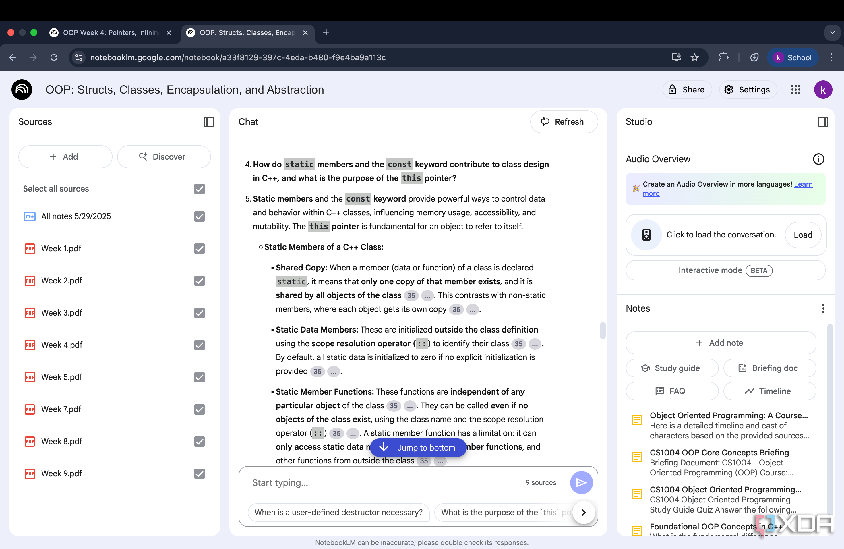 NotebookLM Chat panel with answer to question four