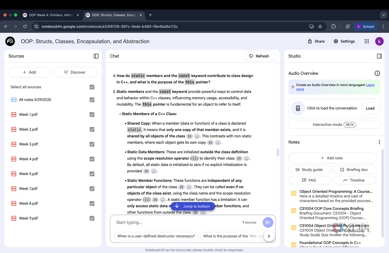 NotebookLM Chat panel with answer to question four