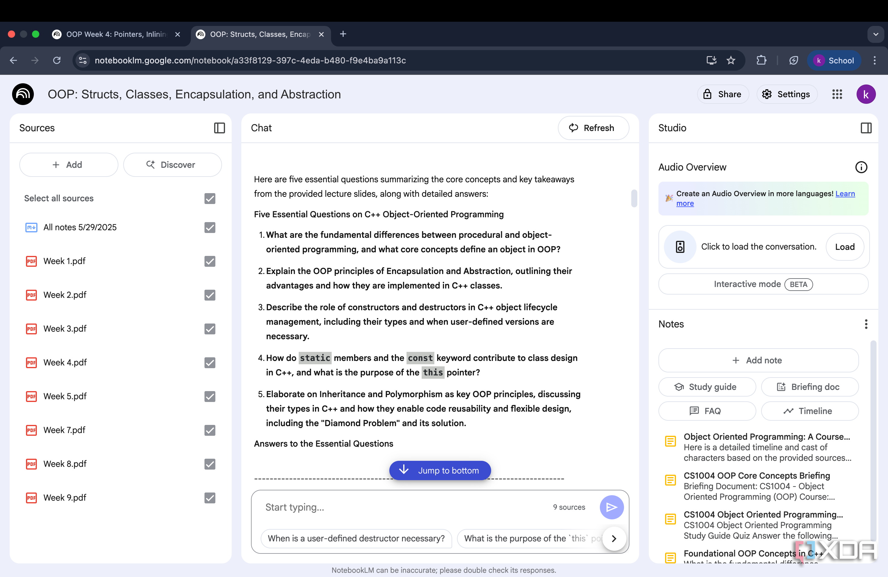 NotebookLM displaying five essential questions