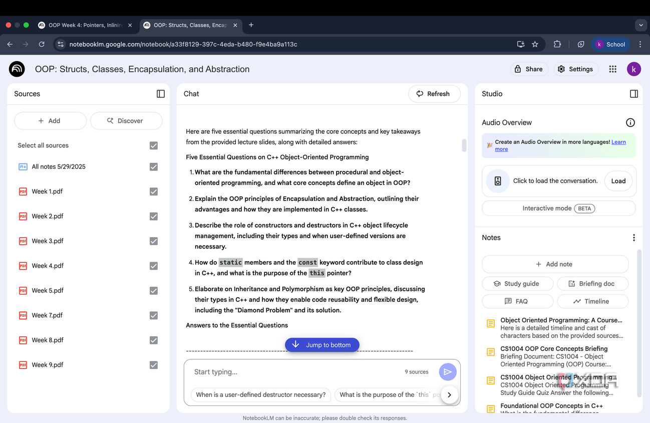 NotebookLM displaying five essential questions