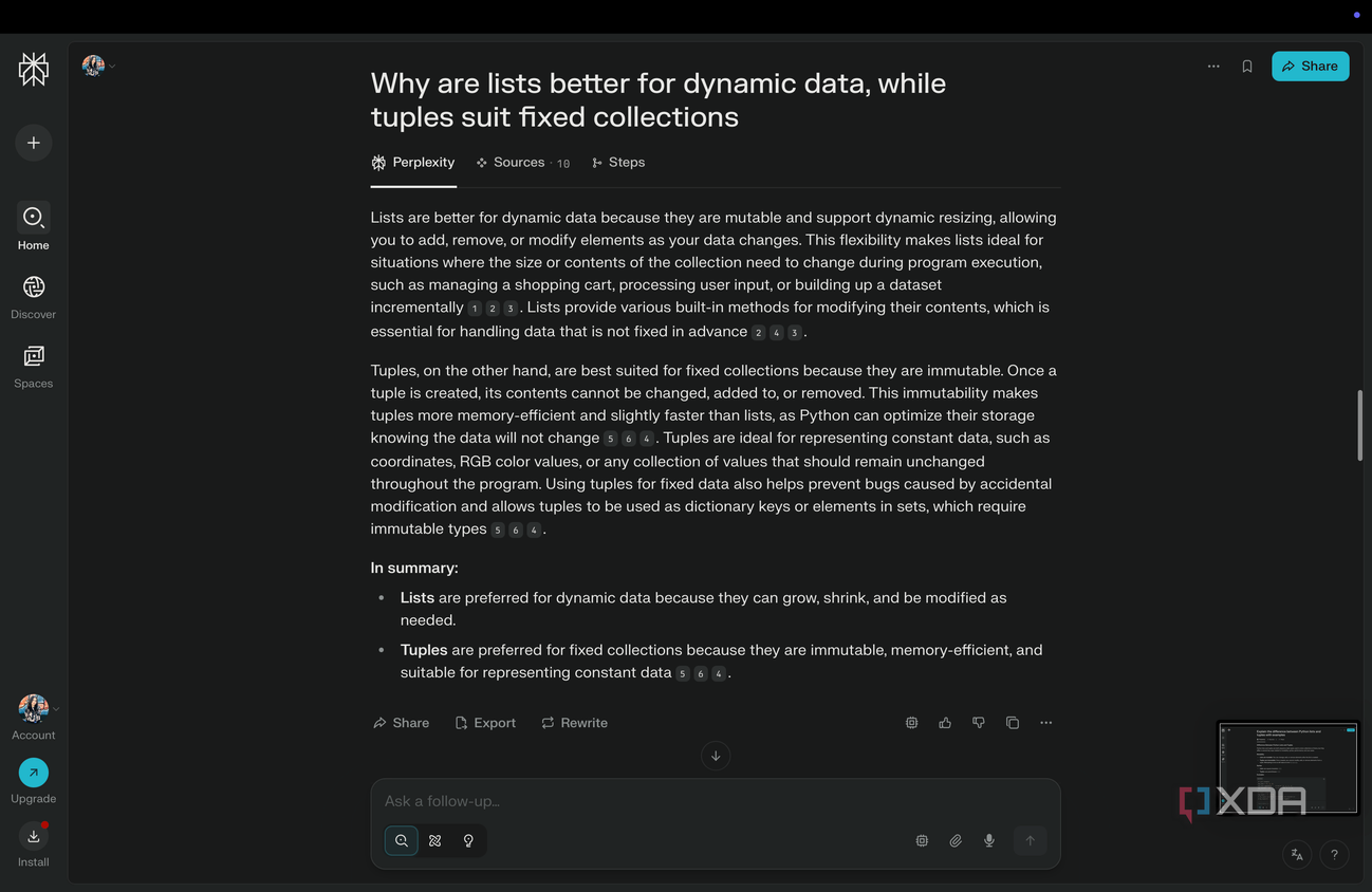Perplexity explaination on why lists are better