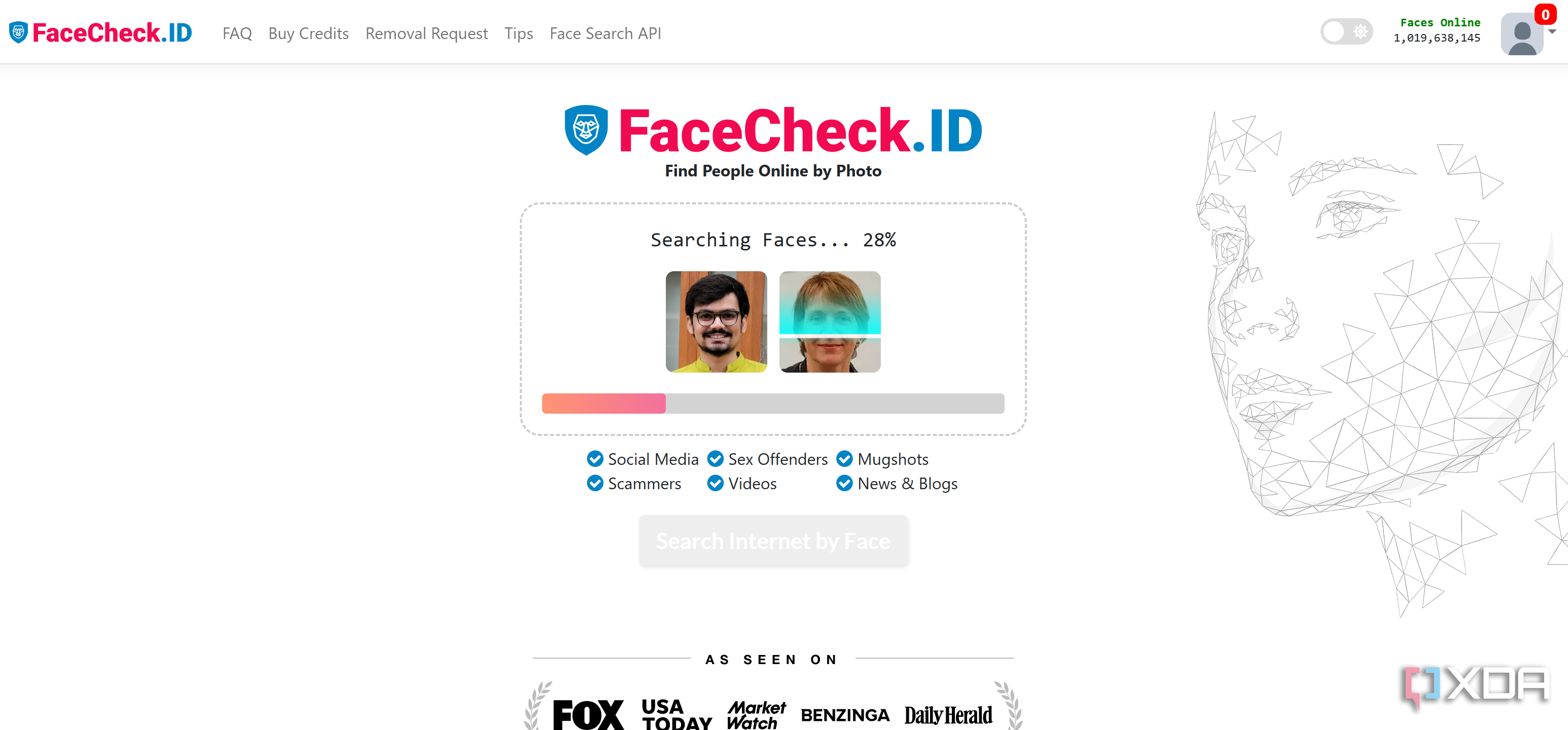 Progress bar of the photo search on FaceCheck