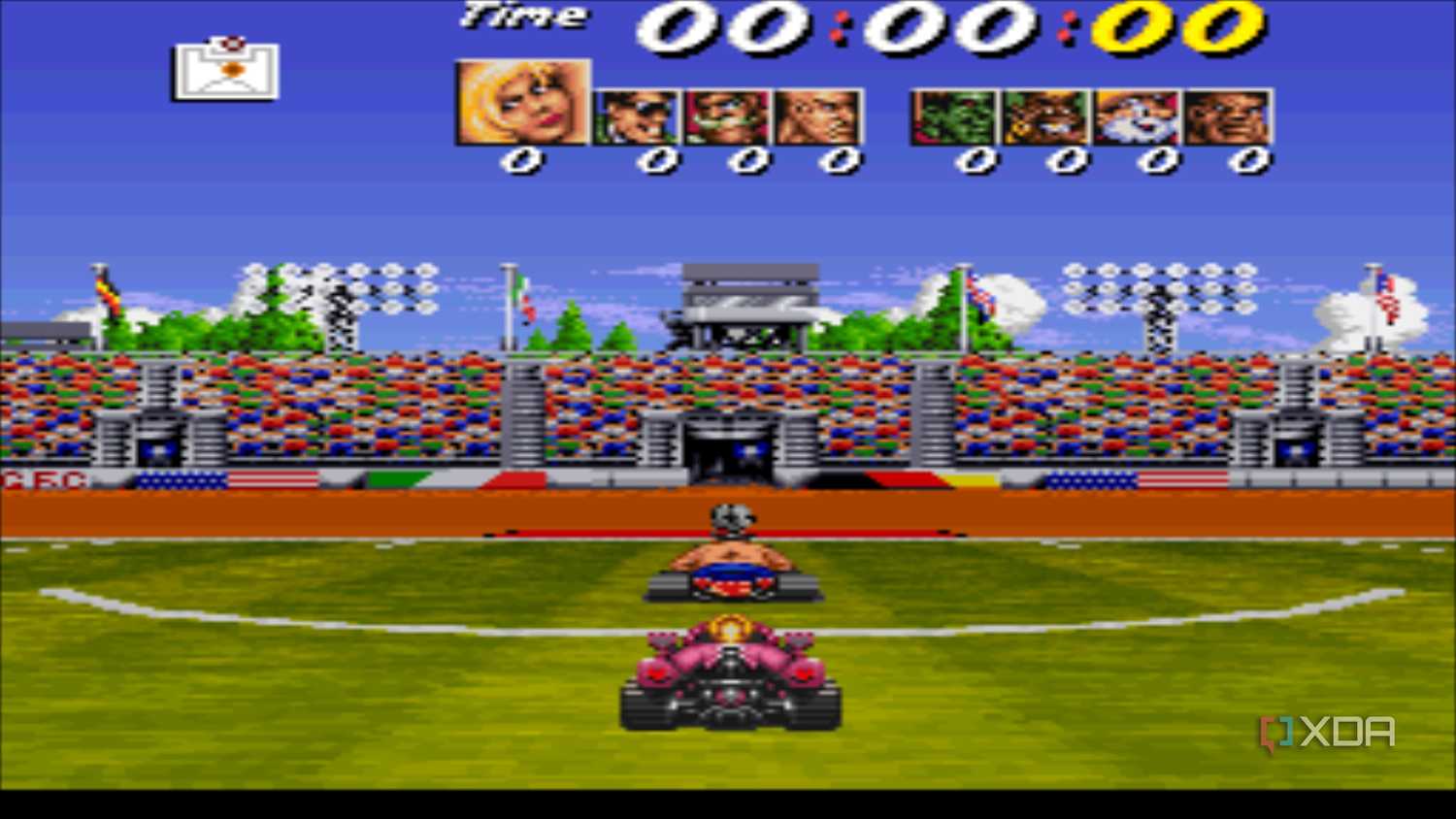 Screenshot from the soccer challenge of the SNES game Street Racer.