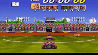Screenshot from the soccer challenge of the SNES game Street Racer.