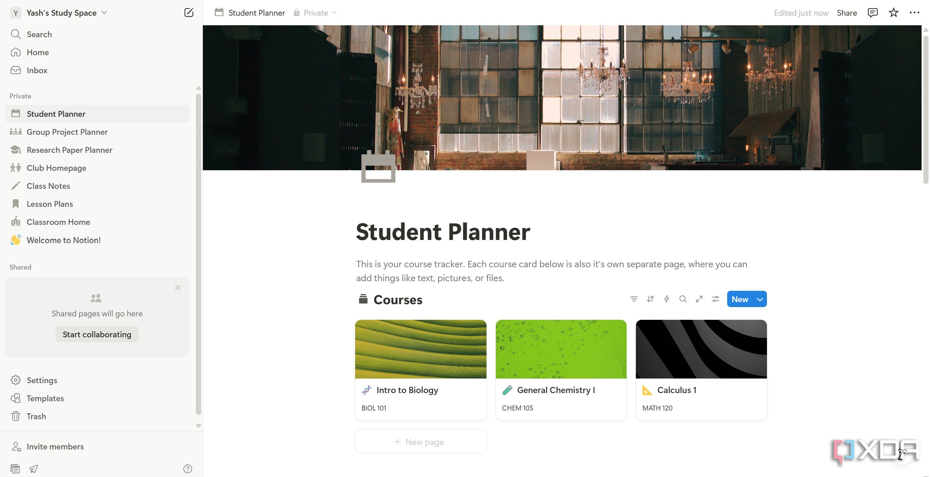 Student planner study workspace on Notion