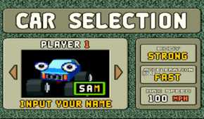 Car select screen from the SNES game Stunt Race FX.