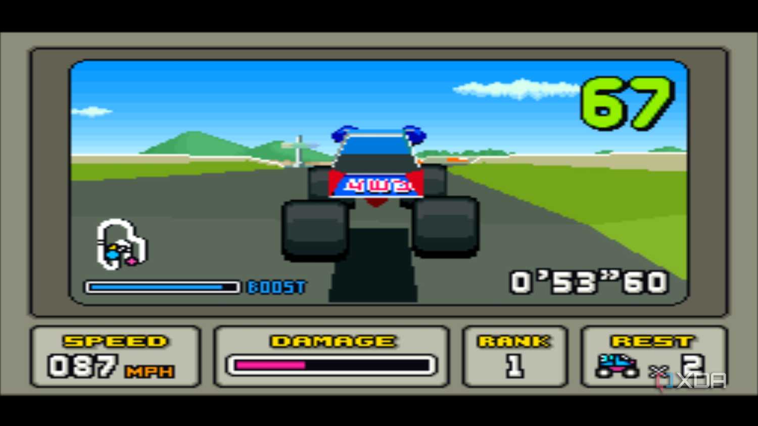 Screenshot from the SNES game Stunt Race FX.