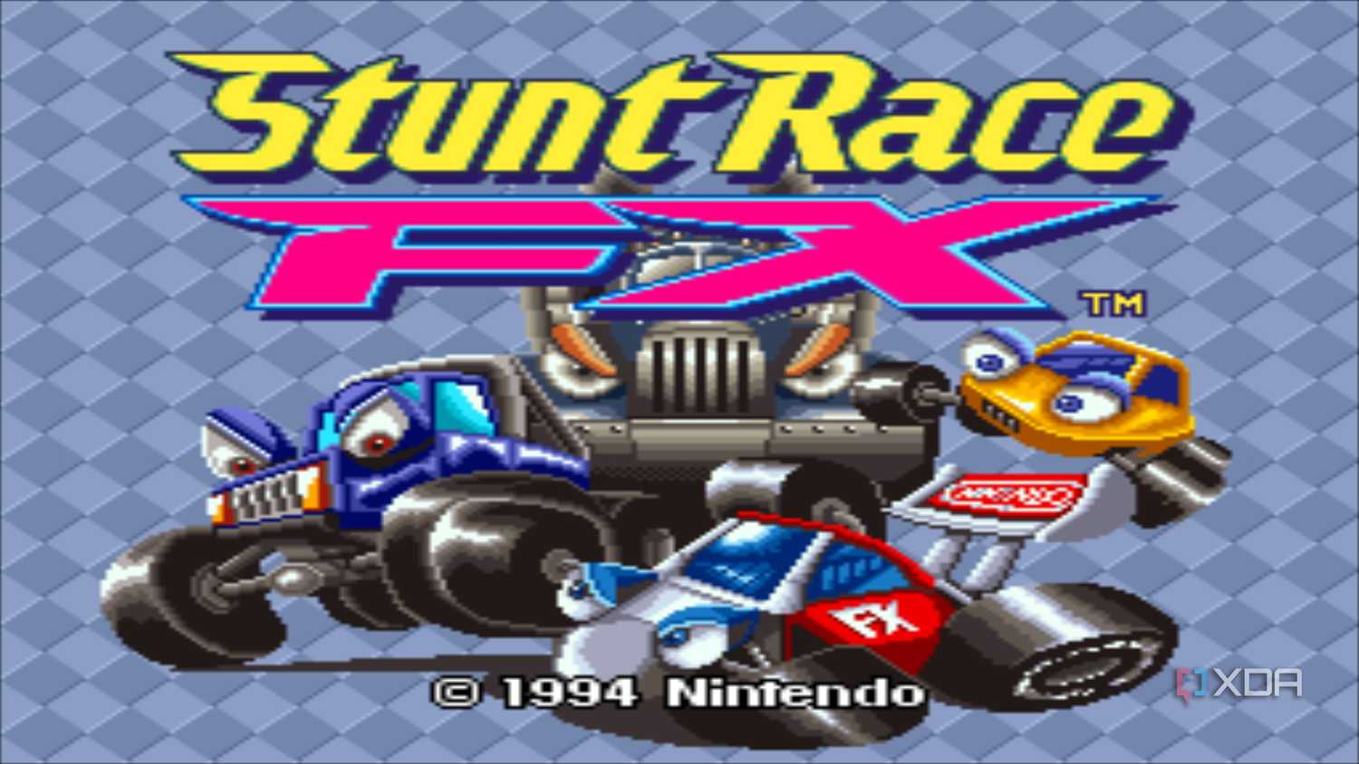 Splash screen from the SNES game Stunt Race FX.