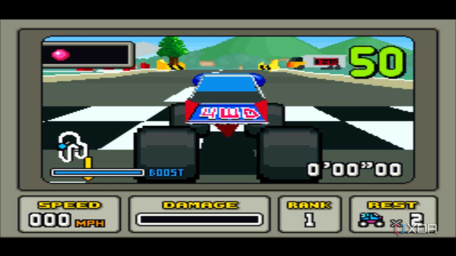Screenshot from the SNES game Stunt Race FX.