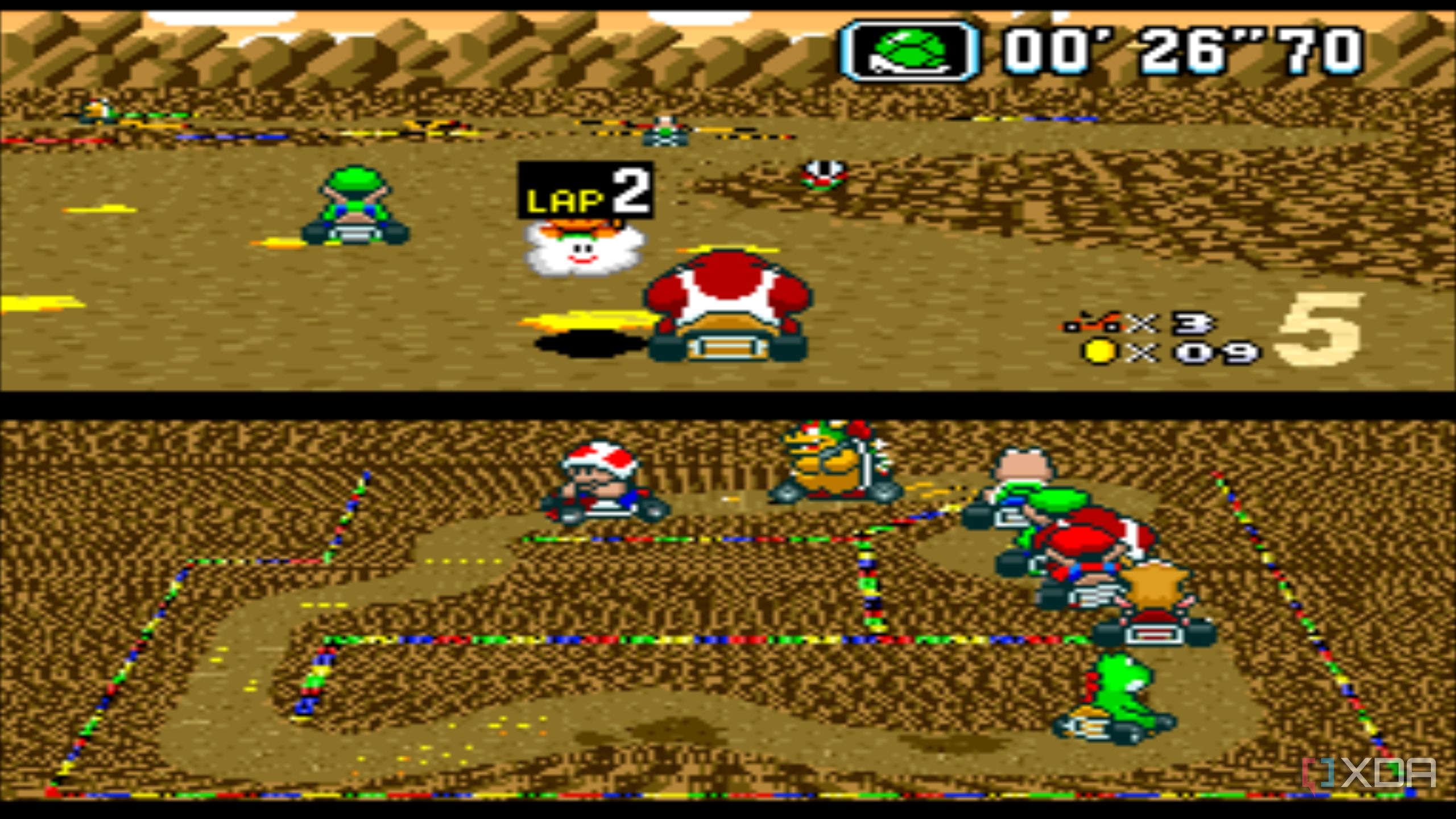 Gameplay from the SNES game Super Mario Kart.
