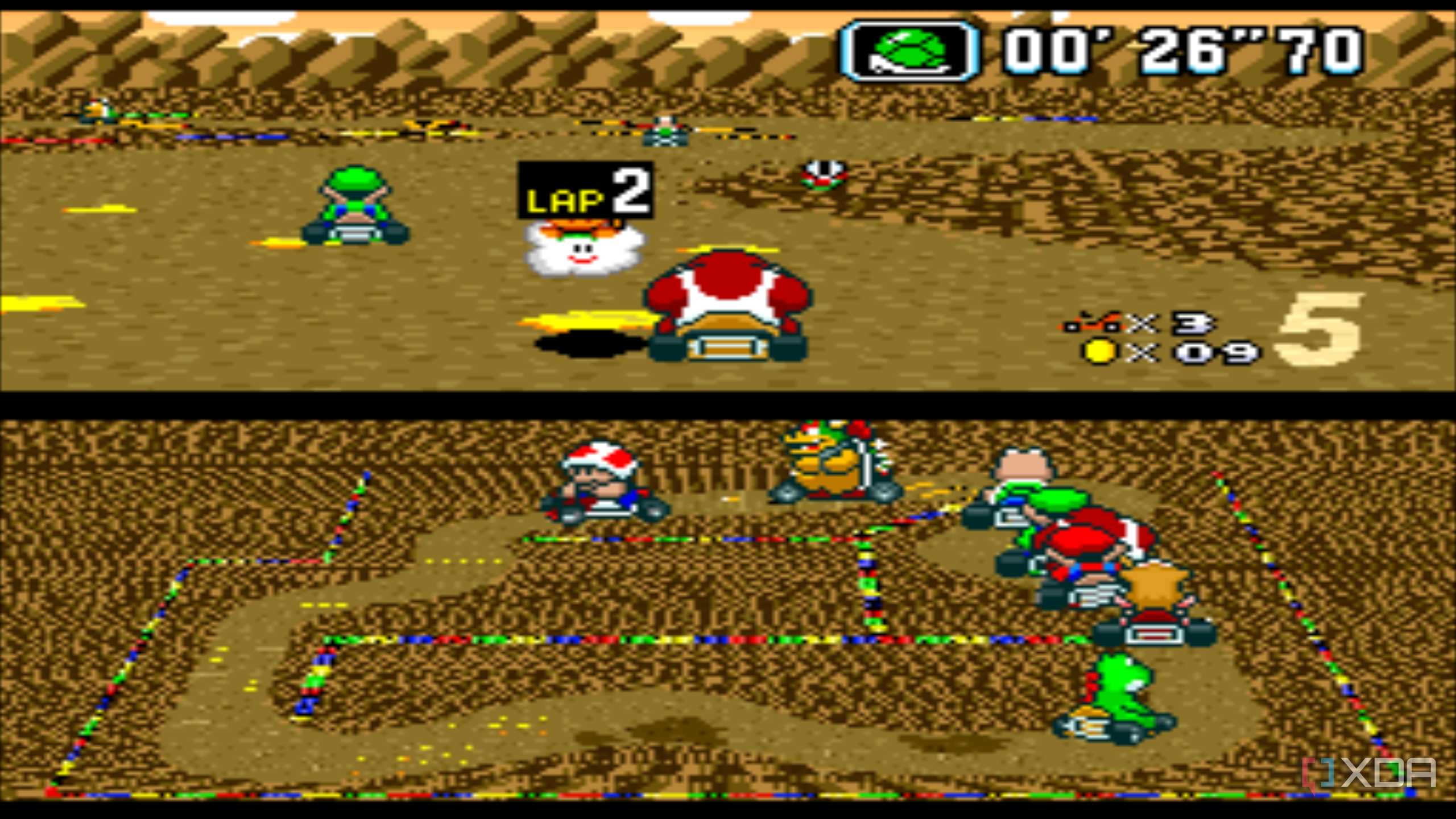 Gameplay from the SNES game Super Mario Kart.