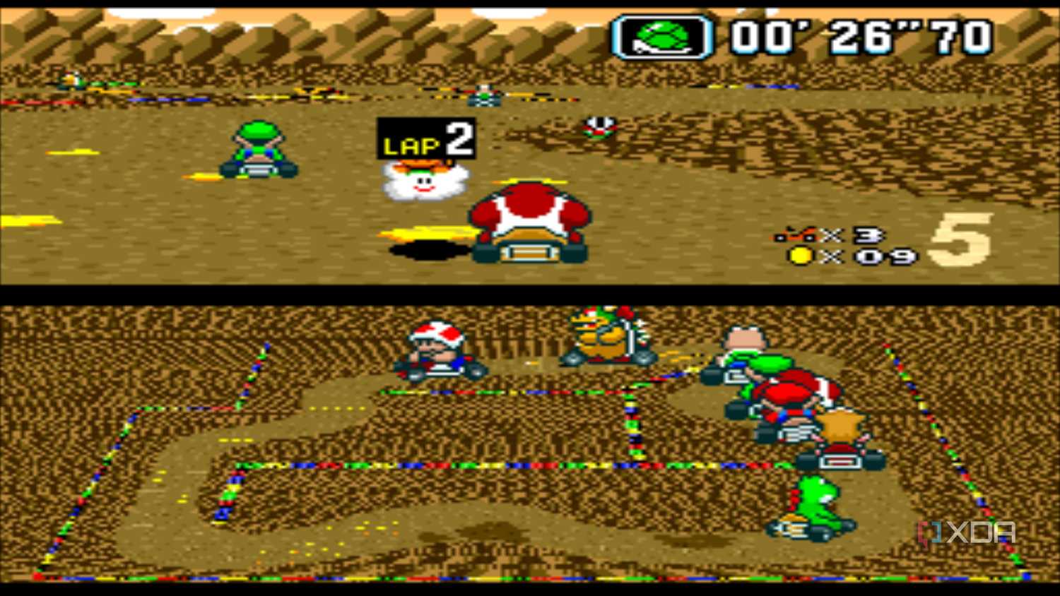 Gameplay from the SNES game Super Mario Kart.