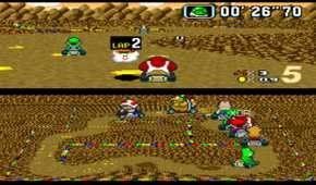 Gameplay from the SNES game Super Mario Kart.