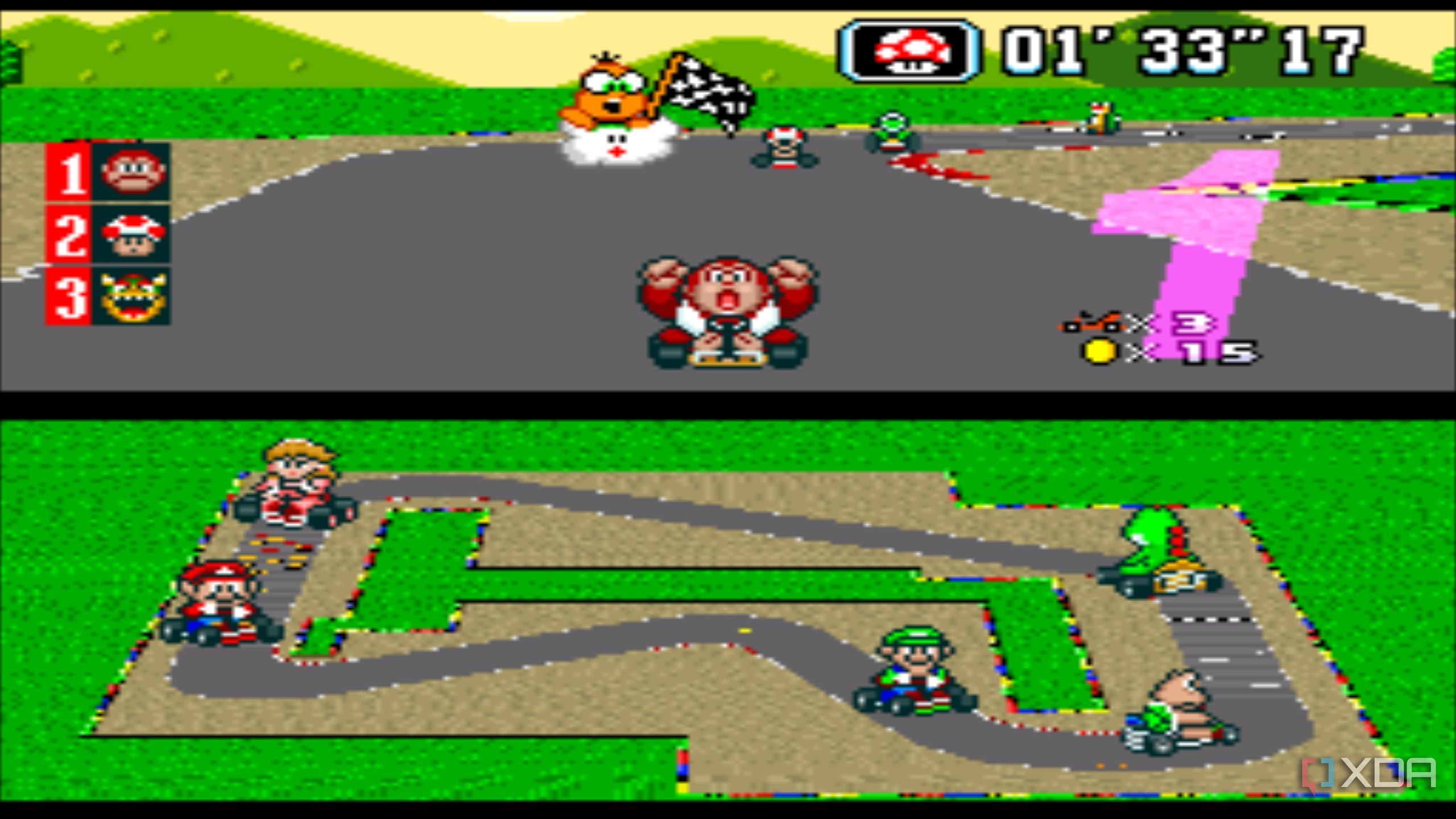 Gameplay from the SNES game Super Mario Kart.