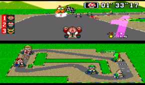 Gameplay from the SNES game Super Mario Kart.