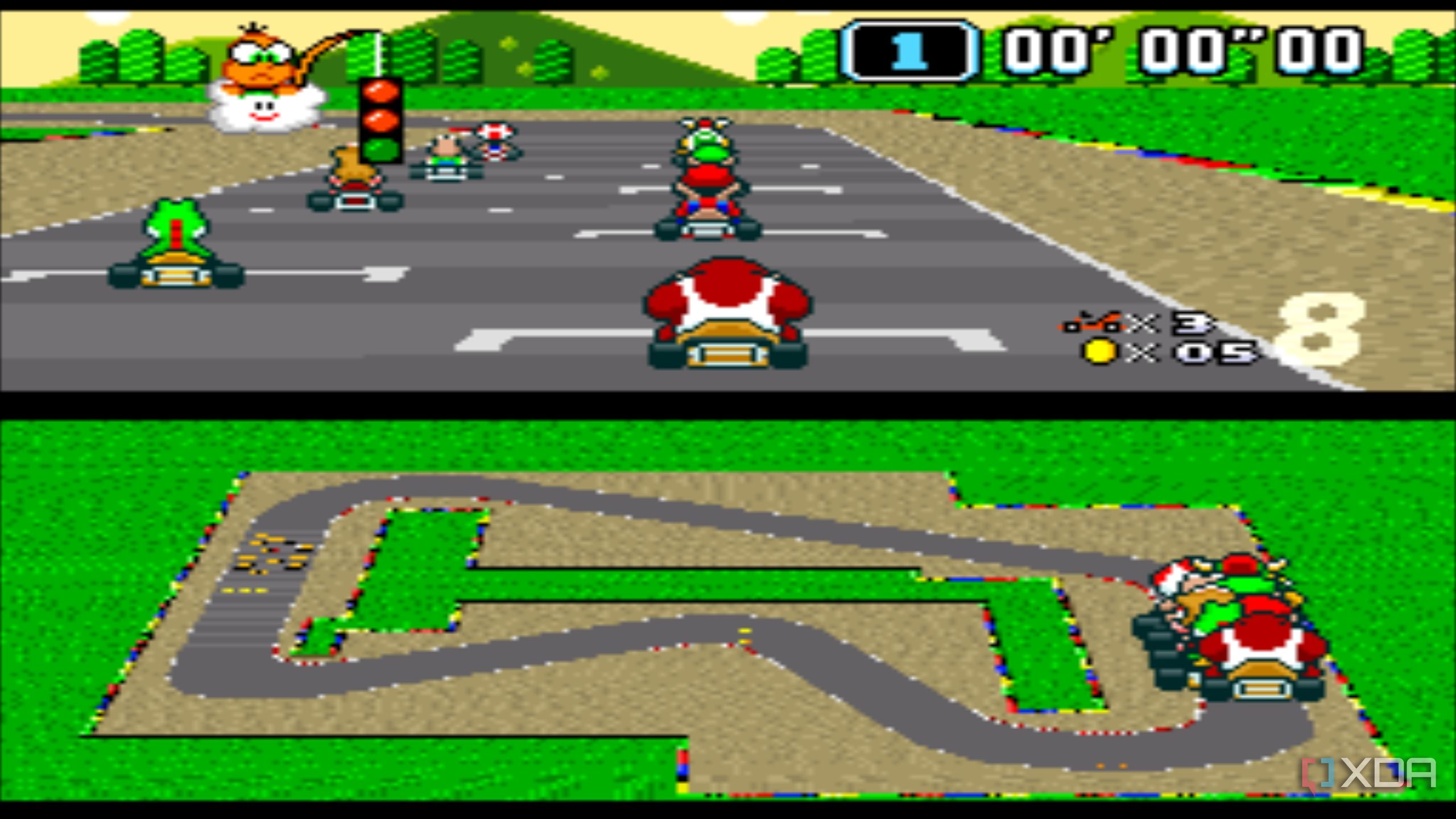 Gameplay from the SNES game Super Mario Kart.