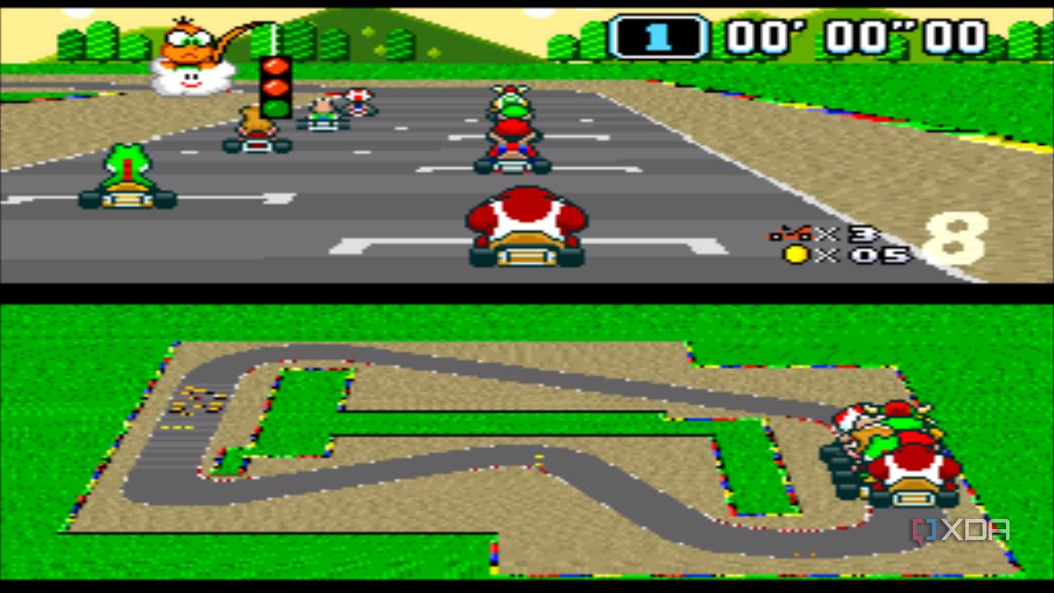 Gameplay from the SNES game Super Mario Kart.