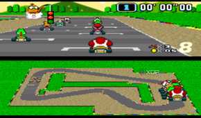 Gameplay from the SNES game Super Mario Kart.
