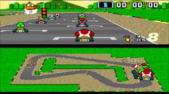 Gameplay from the SNES game Super Mario Kart.