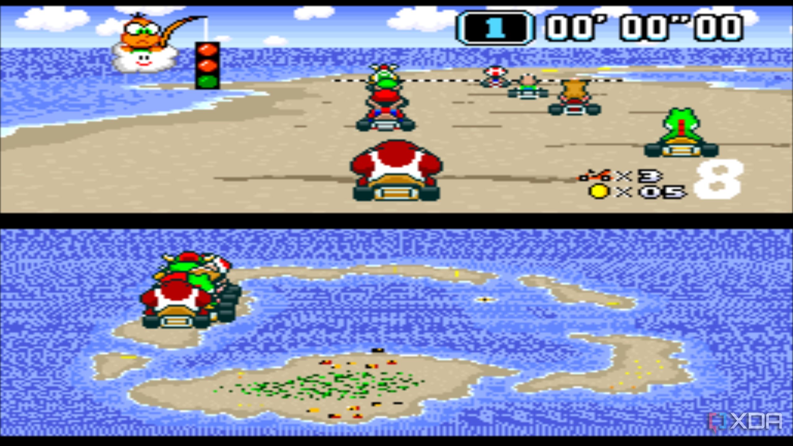 Gameplay from the SNES game Super Mario Kart.