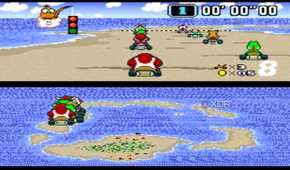 Gameplay from the SNES game Super Mario Kart.