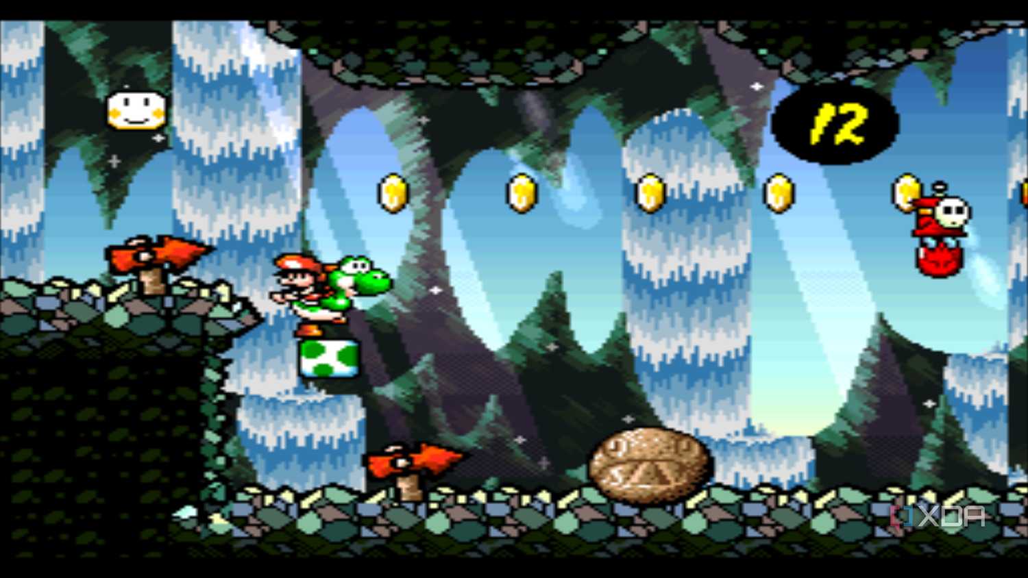 A screenshot from the 1995 SNES game Super Mario World 2: Yoshi's Island.