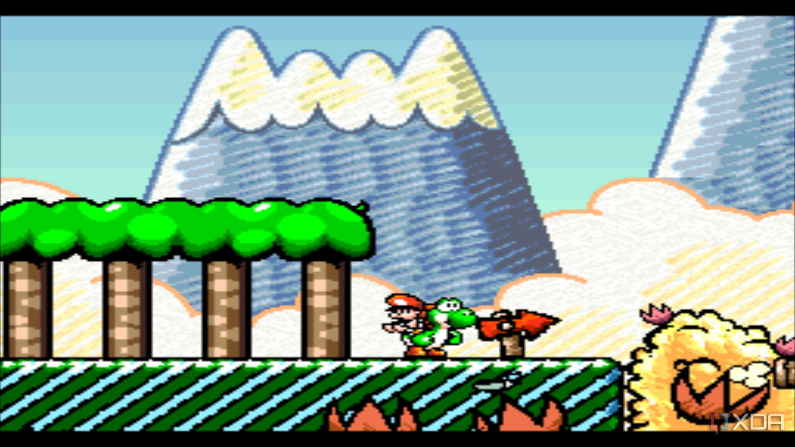 A screenshot from the 1995 SNES game Super Mario World 2: Yoshi's Island.