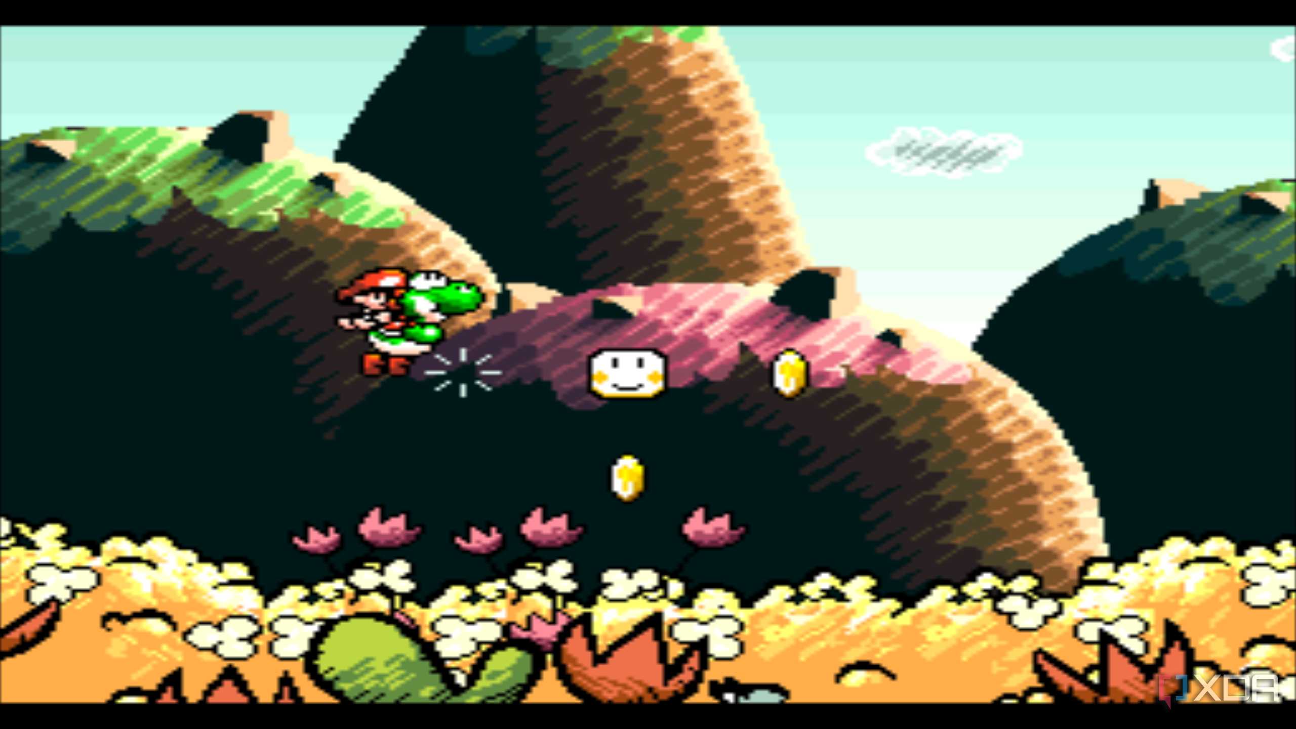 A screenshot from the 1995 SNES game Super Mario World 2: Yoshi's Island.
