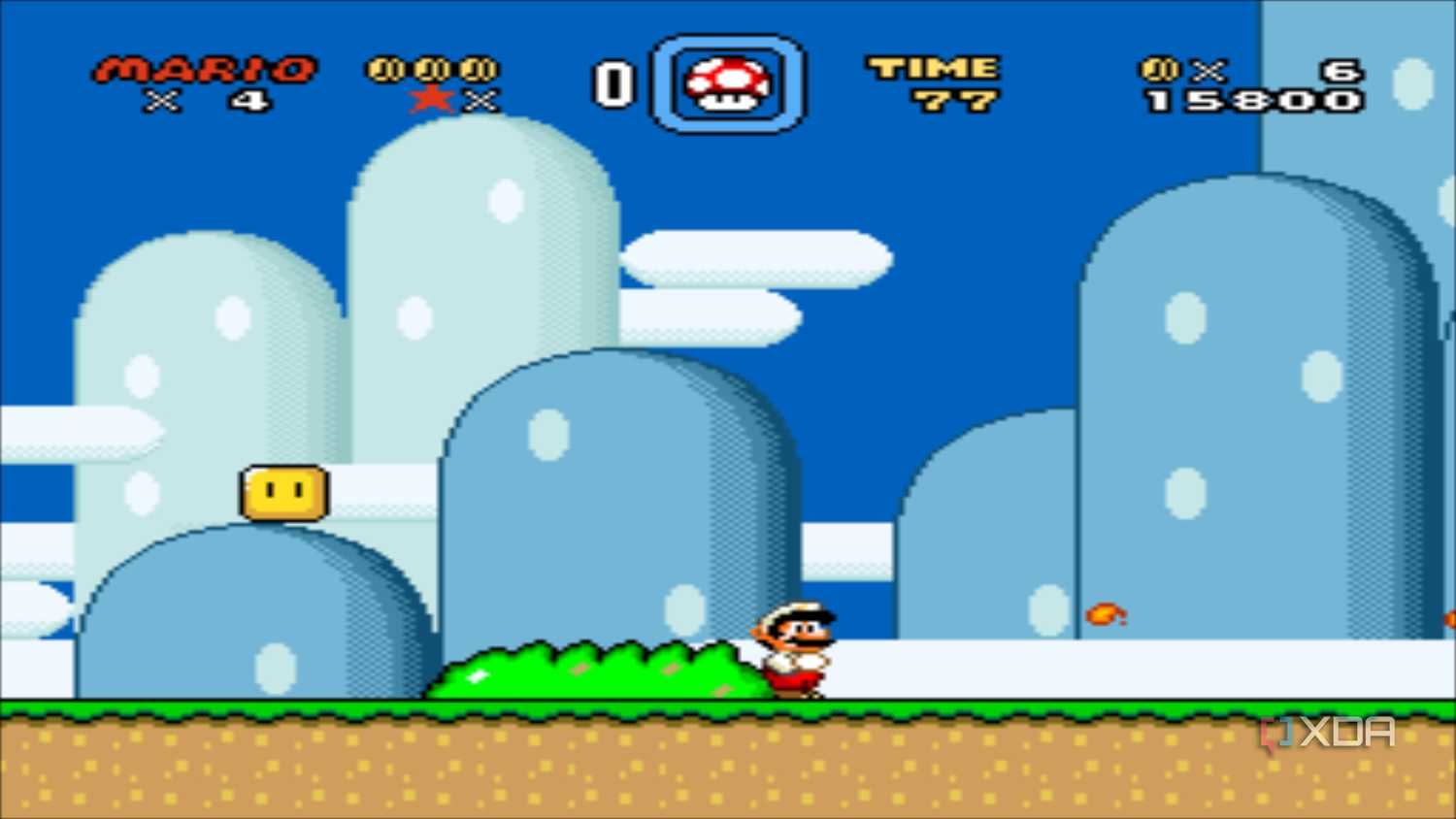 A screenshot from the 1990 SNES game Super Mario World.