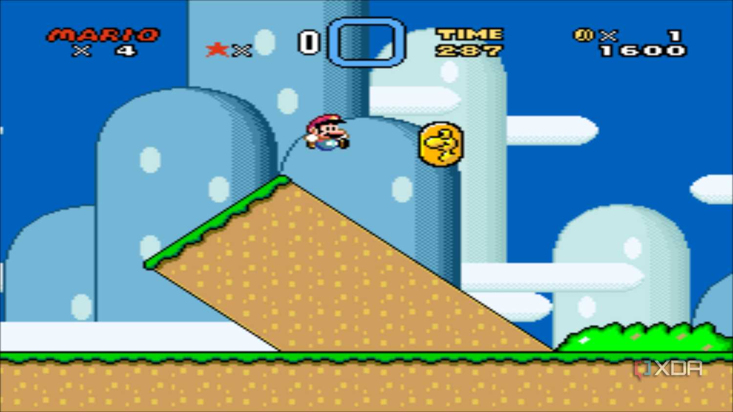 A screenshot from the 1990 SNES game Super Mario World.