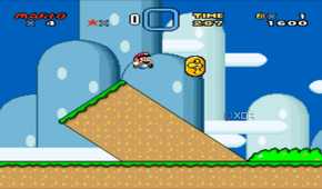 A screenshot from the 1990 SNES game Super Mario World.