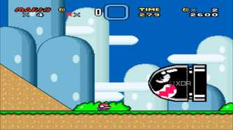 A screenshot from the 1990 SNES game Super Mario World.