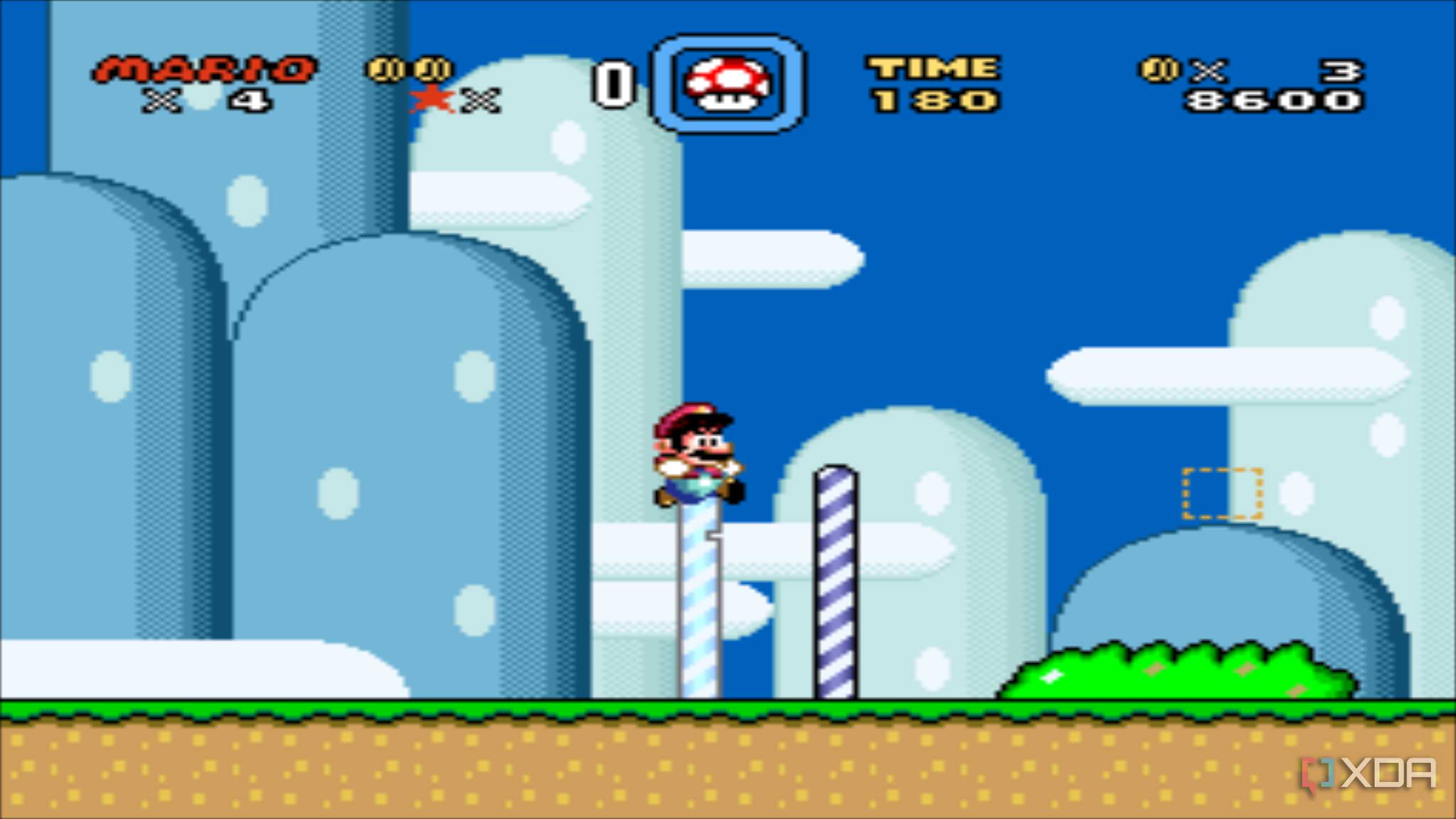 A screenshot from the 1990 SNES game Super Mario World.
