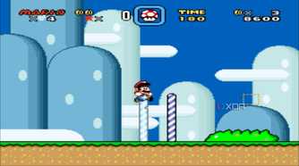 A screenshot from the 1990 SNES game Super Mario World.