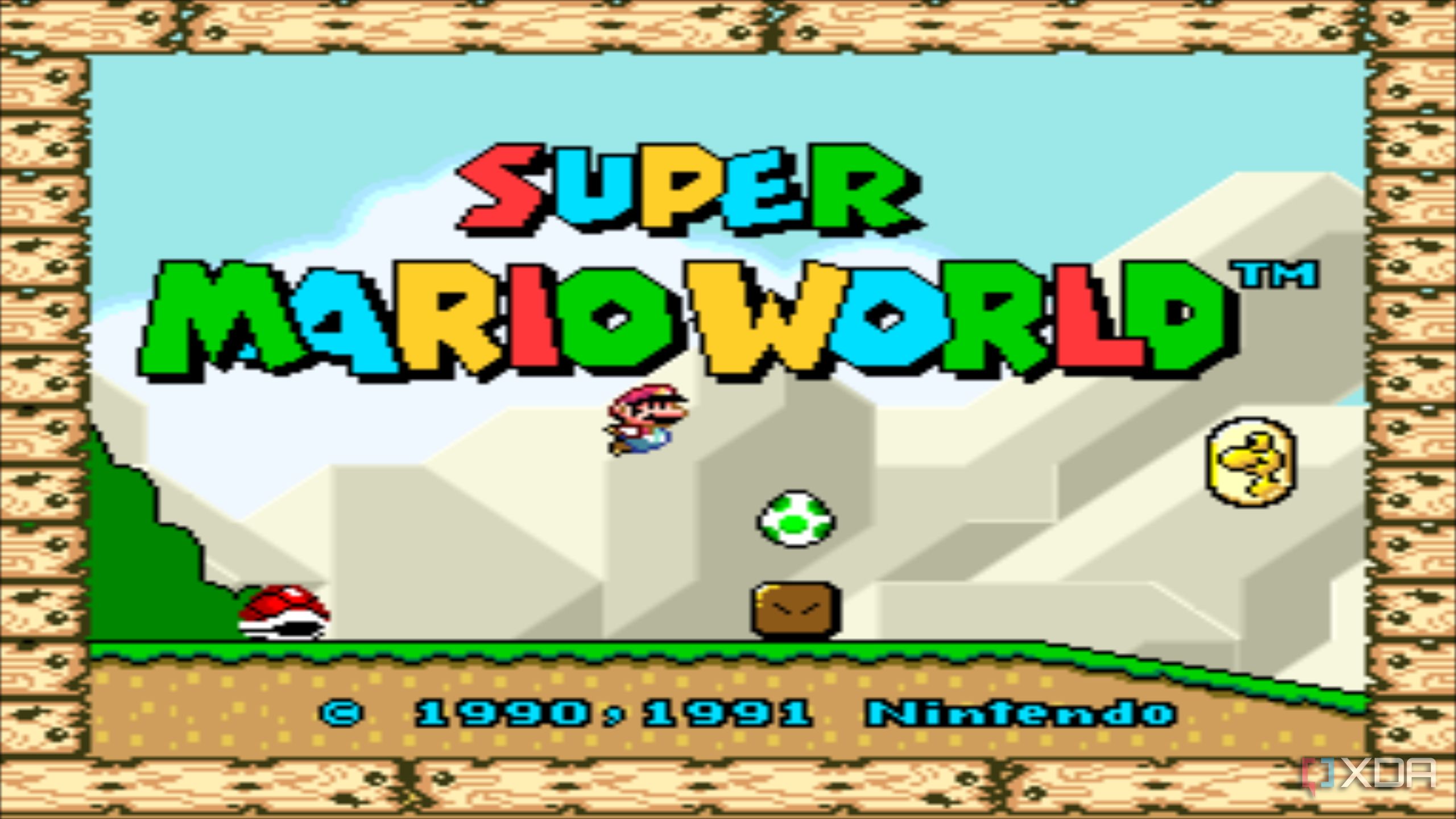 A screenshot from the 1990 SNES game Super Mario World. 