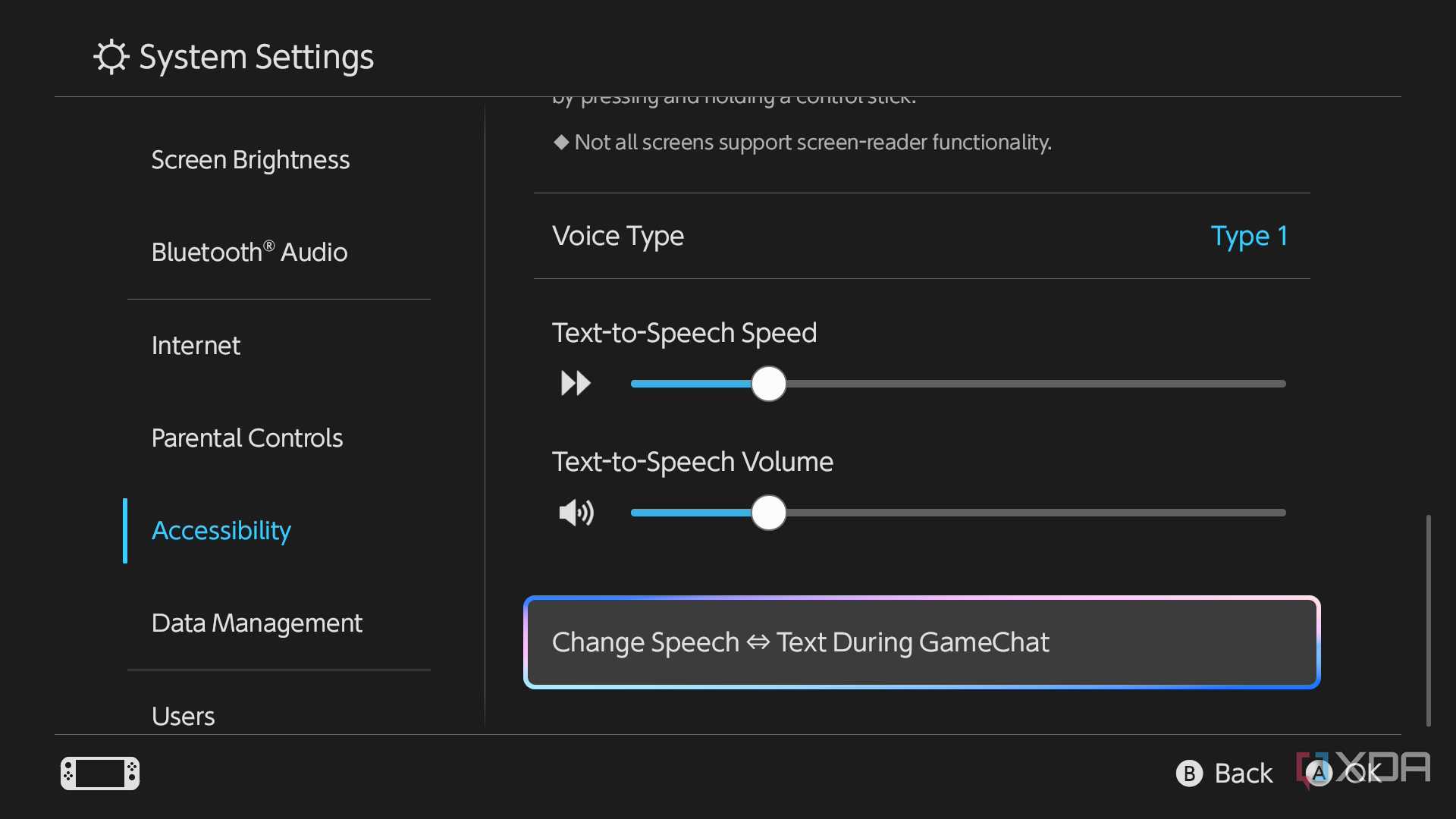 Screenshot of text-to-speech accessibility options on Nintendo Switch 2