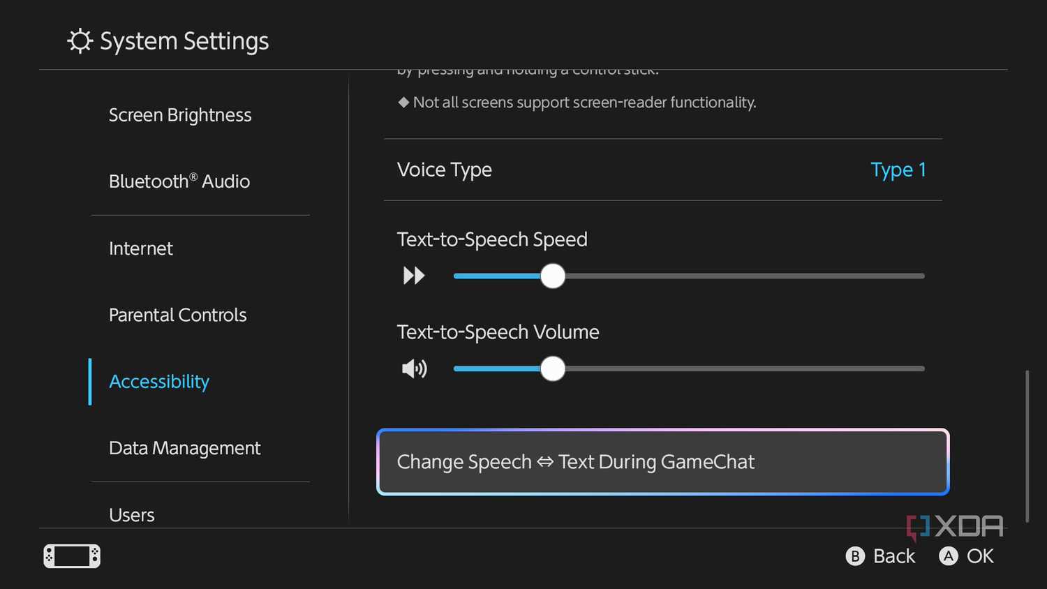 Screenshot of text-to-speech accessibility options on Nintendo Switch 2