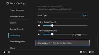 Screenshot of text-to-speech accessibility options on Nintendo Switch 2
