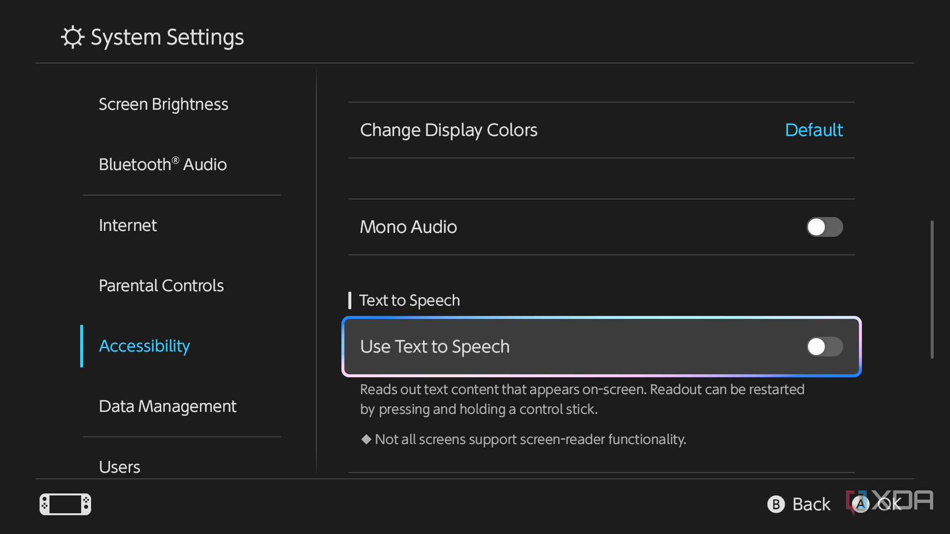 Screenshot showing visual and audio accessibility options on Nintendo Switch 2