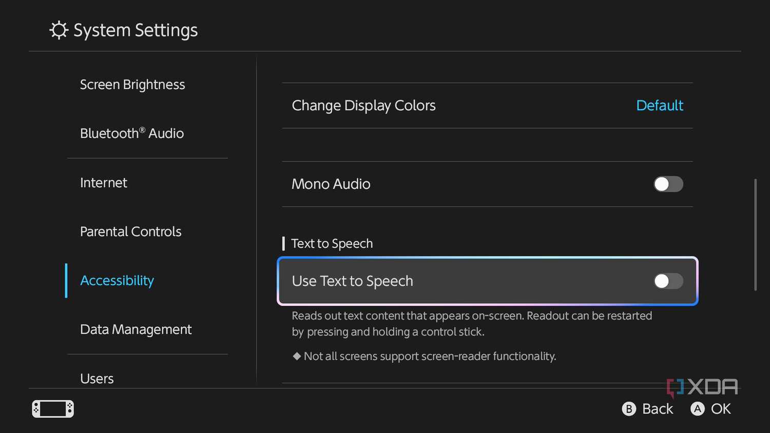 Screenshot showing visual and audio accessibility options on Nintendo Switch 2