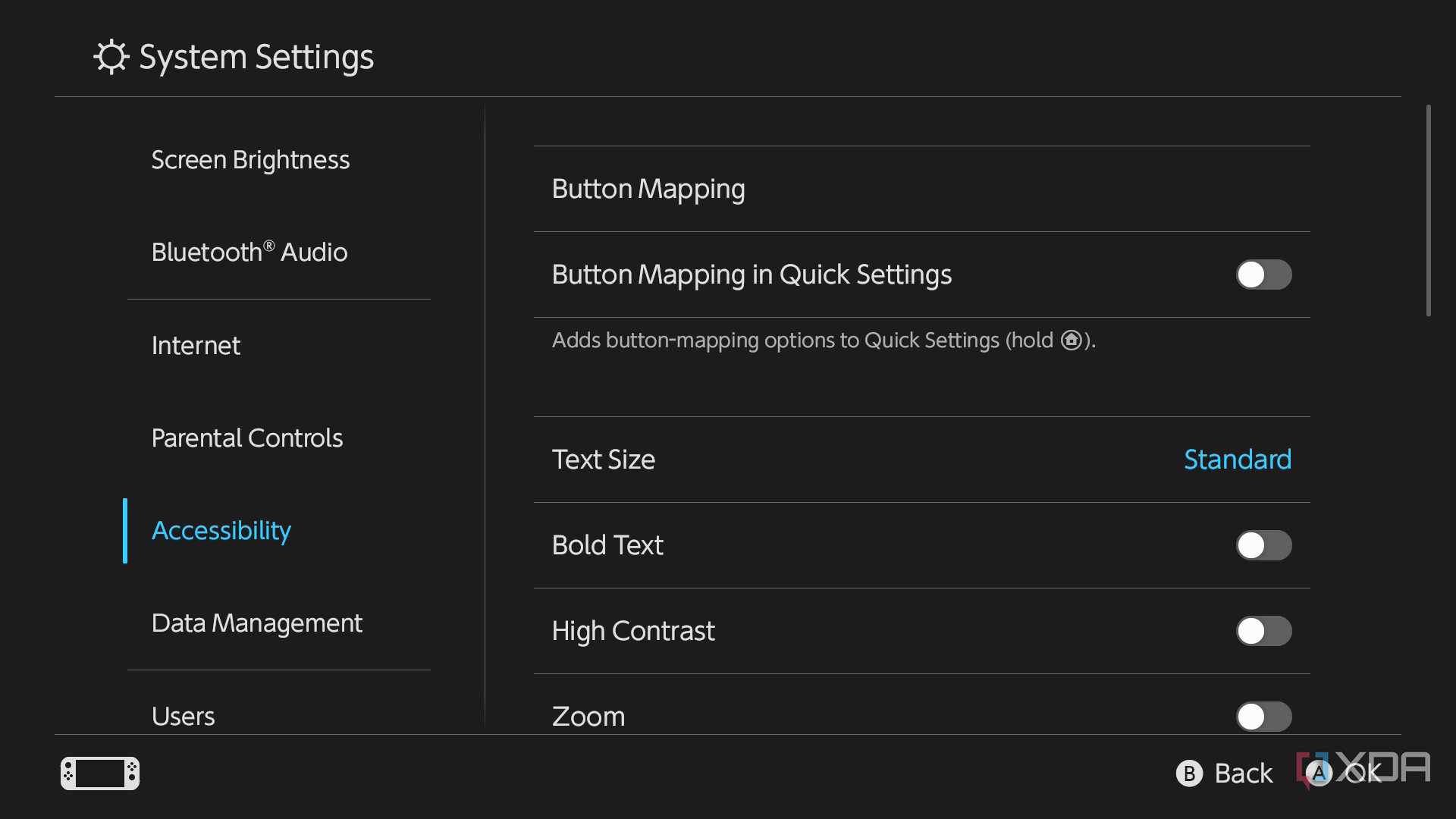 Screenshot showing various accessibility options on Nintendo Switch 2