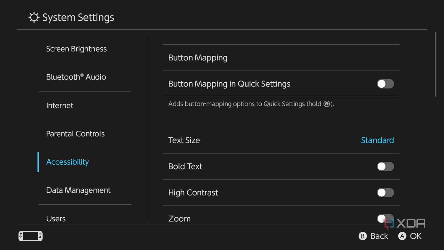 Screenshot showing various accessibility options on Nintendo Switch 2