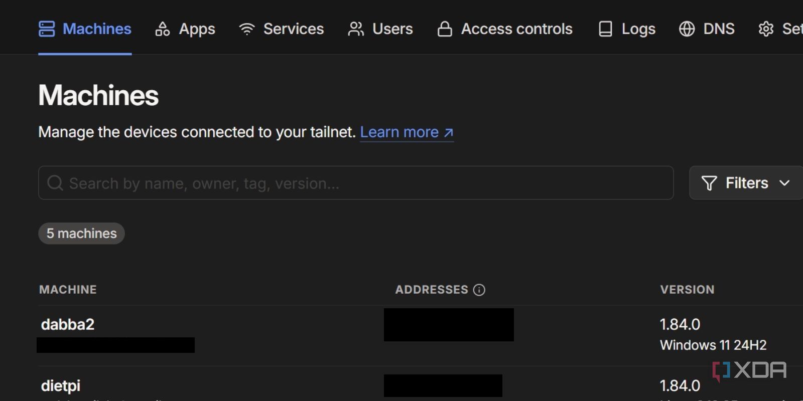creenshot of tailscale web page with active devices